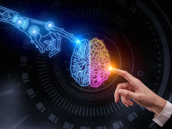 Illustration d'un cerveau touché d'un côté par une main humaine et de l'autre un robot représentant l'intelligence artificielle